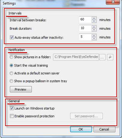 Настройки программы EyeDefender